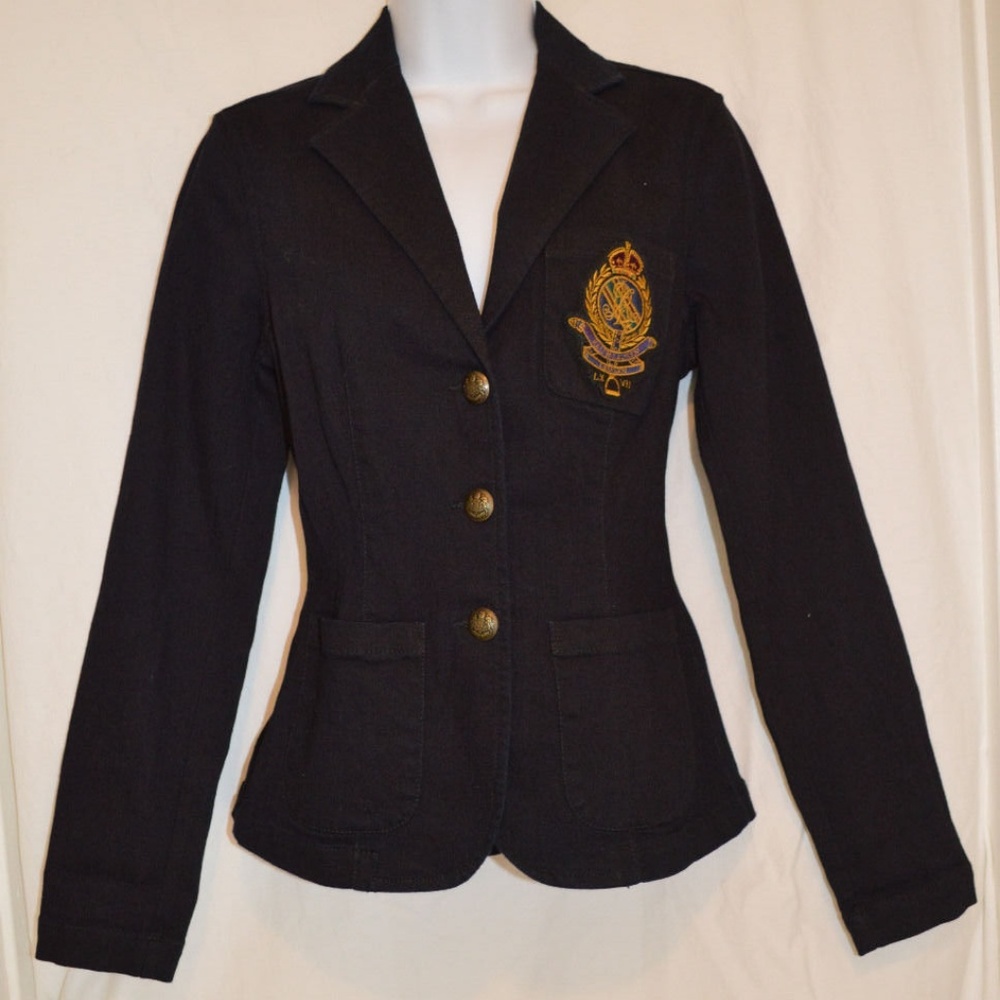 Navy jacket blazer CREST gold buttons Denim XS